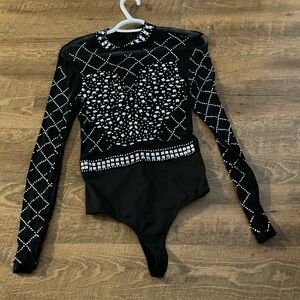 Black Rhinestone Sheer Long-Sleeve One-Piece Leotard Bodysuit